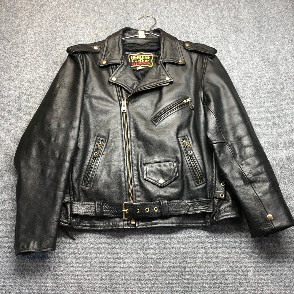 Genuine Leather Manzoor Mens Black Motorcycle Biker Jacket Side Lace Belted 52